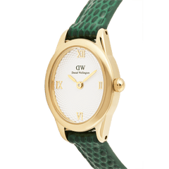 Close-up of the Daniel Wellington Ophelia Mini Green Lizard White Guilloché Gold watch, showing its polished gold-tone oval case, textured white guilloché dial with gold Roman numerals, and green lizard-embossed leather strap.