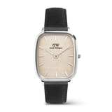 Marlon Sheffield Linen Silver men's watch featuring a rectangular stainless steel case, linen-textured beige dial with minimalist silver markers, and a classic black leather strap.