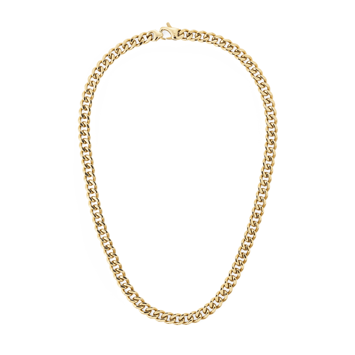 Chunky gold Cuban chain necklace with a polished finish and secure lobster clasp, designed in a classic style and suitable for both men and women.