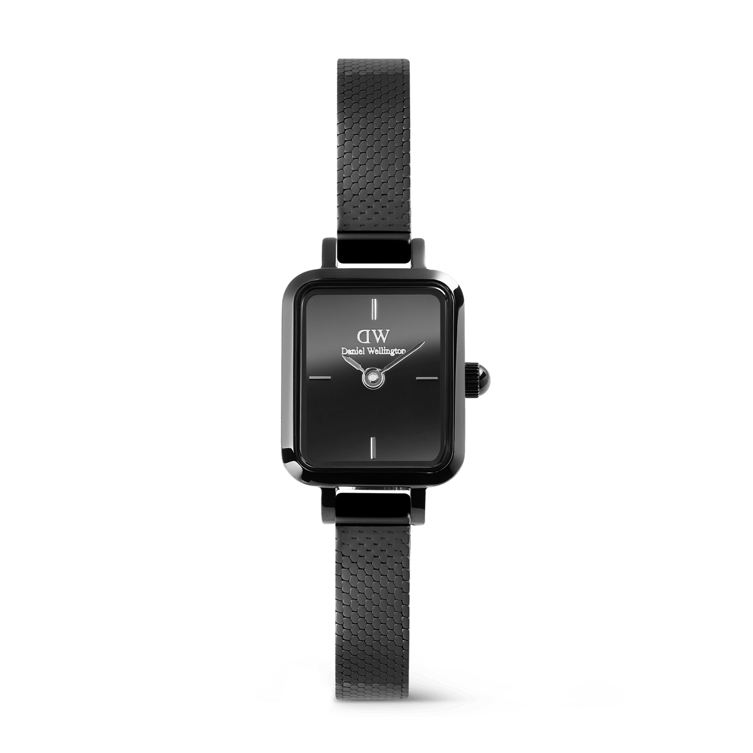 Quadro Mini Reflection Black watch with a rectangular black case, mirror-effect black dial, and a slim black mesh strap, designed for a minimalist and elegant look suitable for small wrists.