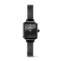 Quadro Mini Reflection Black watch with a rectangular black case, mirror-effect black dial, and a slim black mesh strap, designed for a minimalist and elegant look suitable for small wrists.