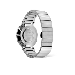 Classic Piano Link Silver Unitone men's watch showing the stainless steel case back and geometric piano link bracelet, highlighting the secure butterfly clasp and polished finish.