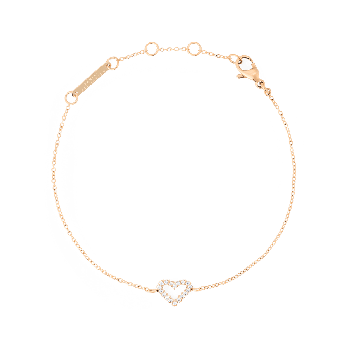 Delicate rose gold bracelet featuring a fine chain, adjustable clasp, and a heart-shaped pendant set with sparkling white stones, designed for everyday elegance and easy layering.