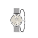 Classic Day Display & Tide Bracelet Silver Set featuring a stainless steel silver mesh watch with a white dial and day display, paired with a matching adjustable silver mesh bracelet.