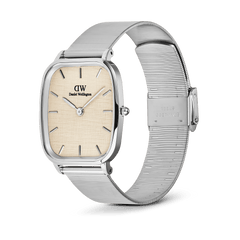 Marlon Wire Linen Silver men’s watch featuring a rectangular silver stainless steel case, soft yellow linen-textured dial, minimalist hour markers, and an adjustable silver mesh strap with clasp buckle.