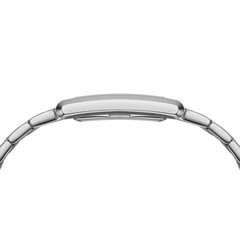 Bound 9-Link Silver ladies watch featuring a slim rectangular stainless steel case and integrated silver bracelet, shown from the side to highlight its low-profile design.