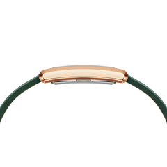 Side profile of the Bound Crocodile Emerald Sunray Rose Gold watch, highlighting its slim rose gold case and green leather strap.