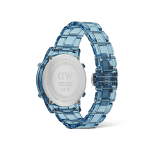 Rear view of the Retro Digital Light Blue Light Blue watch by Daniel Wellington, showing the engraved stainless steel case back and transparent light blue link bracelet.