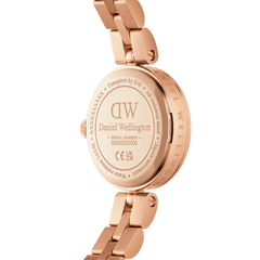 Back view of the Elan Lumine Malachite Rose Gold ladies watch, showing the engraved stainless steel case, rose gold bracelet links, and water resistance markings.