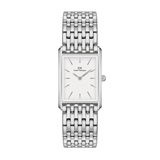 Bound 9-Link Silver ladies watch featuring a rectangular 32mm stainless steel case, crisp white dial with minimalist markers, and an integrated nine-link silver bracelet.