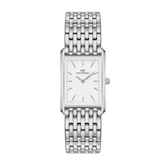 Bound 9-Link Silver ladies watch featuring a rectangular 32mm stainless steel case, crisp white dial with minimalist markers, and an integrated nine-link silver bracelet.