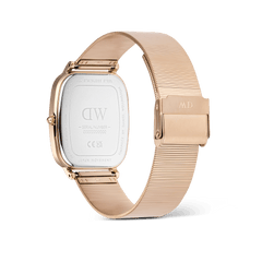 Back view of the Marlon Wire Linen Rose Gold watch showing the stainless steel case, engraved clasp, and slim rose gold mesh strap with a secure buckle.