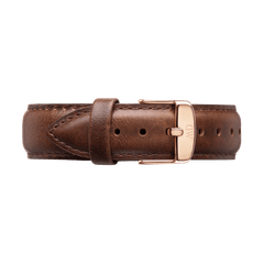 Classic Bristol Strap Rose Gold in brown genuine leather with neat stitching and a rose gold buckle, designed to fit a variety of watch sizes for a sophisticated finish.