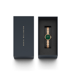 Elan Lumine Malachite Rose Gold ladies watch with a rose gold bracelet and green malachite dial, presented in a sleek branded gift box.