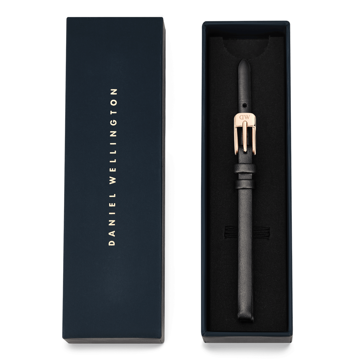 Pressed Sheffield Strap Rose Gold presented in a navy Daniel Wellington gift box, featuring a slim black leather strap with a rose gold buckle, ideal for gifting or upgrading your watch.
