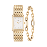 Gold rectangular watch with a white dial and nine-link bracelet strap, paired with a gold crystal link bracelet featuring pavé crystal detailing and delicate chain links.
