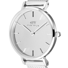 Close-up of the Daniel Wellington Petite Reflection Silver ladies watch, highlighting the mirror-effect silver dial, minimalist hour markers, and polished stainless steel case.
