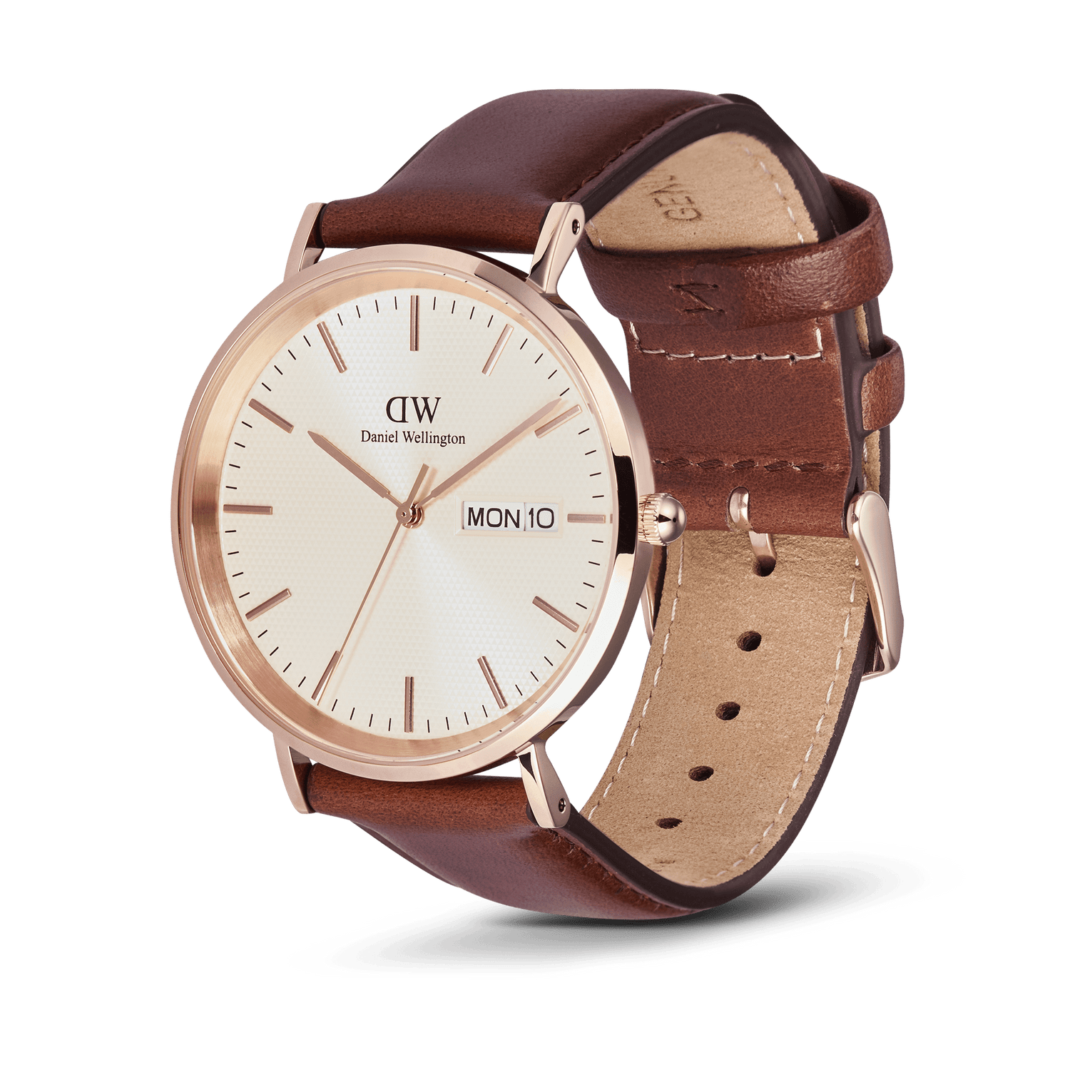 Classic Day Display St Mawes Rose Gold Champagne men's watch with a champagne dial, rose gold stainless steel case, day and date display, and a brown genuine leather strap with adjustable buckle.