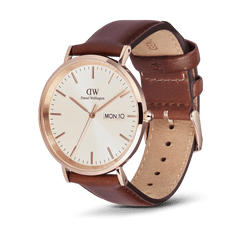 Classic Day Display St Mawes Rose Gold Champagne men's watch with a champagne dial, rose gold stainless steel case, day and date display, and a brown genuine leather strap with adjustable buckle.