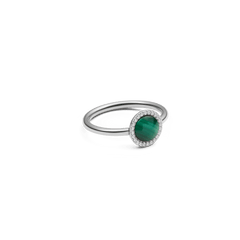 Silver ring with a round green malachite centre stone, surrounded by a halo of sparkling cubic zirconia, set on a slim polished band.