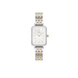 Quadro Lumine Bezel 5-Link Two-Tone MOP ladies watch with a rectangular mother of pearl dial, crystal-set bezel, and a five-link bracelet in polished stainless steel and gold accents.