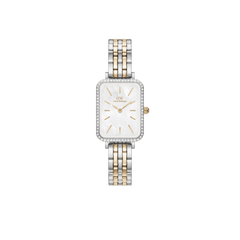 Quadro Lumine Bezel 5-Link Two-Tone MOP ladies watch with a rectangular mother of pearl dial, crystal-set bezel, and a five-link bracelet in polished stainless steel and gold accents.