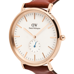 Classic Multi-Eye St Mawes Off-white Sunray Rose Gold men's watch with a rose gold case, off-white sunray dial featuring triangular texture, blue sub-second hand, and minimalist brown leather strap.