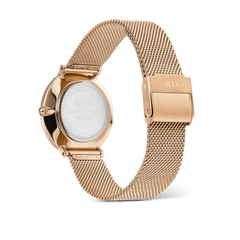 Back view of the Crystalline Bezel Melrose rose gold ladies watch, showing the stainless steel mesh strap with a secure clasp and the engraved case back.