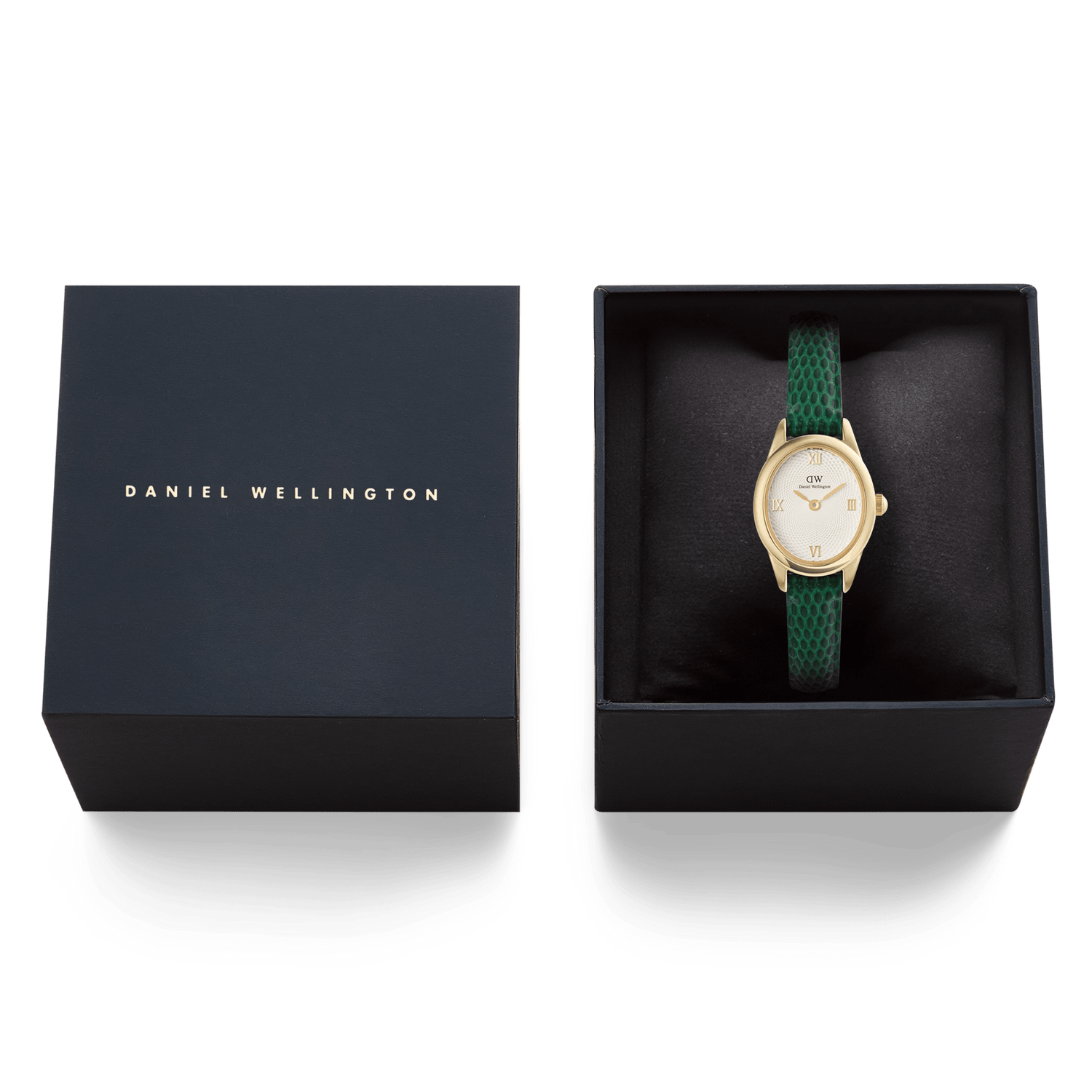 Daniel Wellington Ophelia Mini Green Lizard White Guilloché Gold watch displayed in its original black gift box, highlighting the green lizard-embossed leather strap and gold oval case.