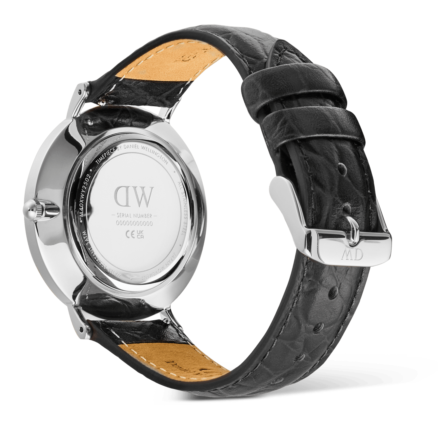 Back view of the Classic Roman Numerals Date Black Croc Belly Silver watch, highlighting the polished stainless steel case, engraved case back, and black croc-embossed leather strap with a silver pin buckle.
