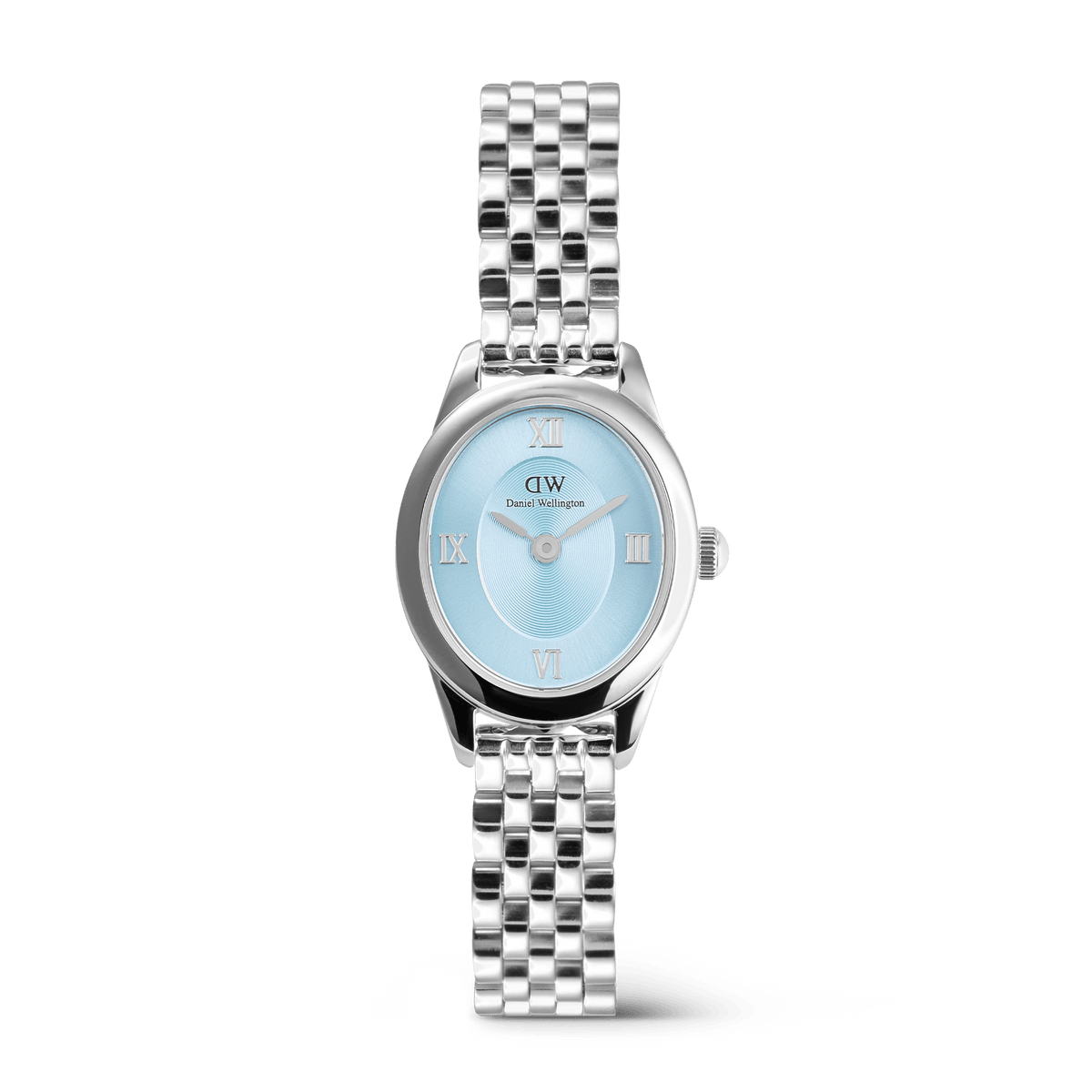 Ophelia Mini Ice Blue Silver women’s watch featuring a petite oval case, polished silver 5-link bracelet, and an ice blue sunray dial with Roman numerals, blending modern elegance with a timeless design.