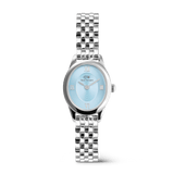 Ophelia Mini Ice Blue Silver women’s watch featuring a petite oval case, polished silver 5-link bracelet, and an ice blue sunray dial with Roman numerals, blending modern elegance with a timeless design.