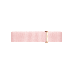 Rosewater Strap Rose Gold features a soft pink recycled polyester NATO style watch strap with a rose gold buckle, offering a modern and elegant look for Daniel Wellington watches.