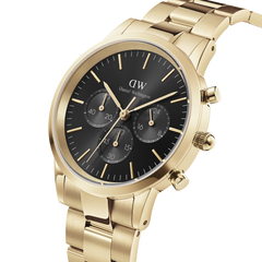 Iconic Chronograph Link Onyx G men's watch featuring a black sunray dial with three chronograph sub-dials, polished gold stainless steel bracelet, and a bold 42mm case for a sophisticated everyday look.