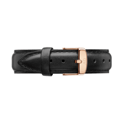 Sheffield Strap Rose Gold features a black genuine leather band with neat stitching and a rose gold buckle, offering a refined and versatile replacement strap for a range of watches.