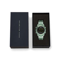 Daniel Wellington Retro Digital Light Green Light Green watch with a transparent light green strap and black digital dial, presented in its original black gift box with the Daniel Wellington logo.