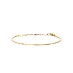 Slim gold box chain bracelet with adjustable clasp, crafted from stainless steel and gold PVD plating, featuring a refined and modern design suitable for layering or wearing alone.