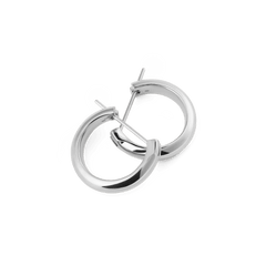 A pair of Daniel Wellington Arch Earring Silver 12mm hoop earrings with a polished silver finish, shown overlapping to highlight their rounded profile and classic pin closure.