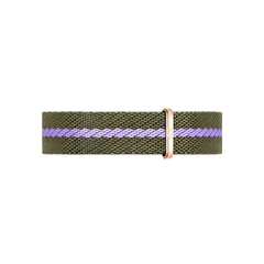 Green and purple NATO watch strap with a rose gold buckle, made from recycled nylon and designed for Daniel Wellington ladies watches, offering a comfortable and adjustable fit for petite wrists.