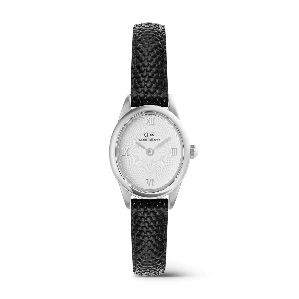 Petite ladies watch with a polished silver oval case, white guilloché dial featuring Roman numerals, and a textured black lizard-embossed leather strap.