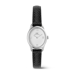 Petite ladies watch with a polished silver oval case, white guilloché dial featuring Roman numerals, and a textured black lizard-embossed leather strap.