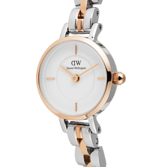 Close-up of the Petite Mini Arch 3-Link Two Tone Rose Gold watch, highlighting its minimalist white dial, rose gold bezel, and polished three-link bracelet in rose gold and silver.
