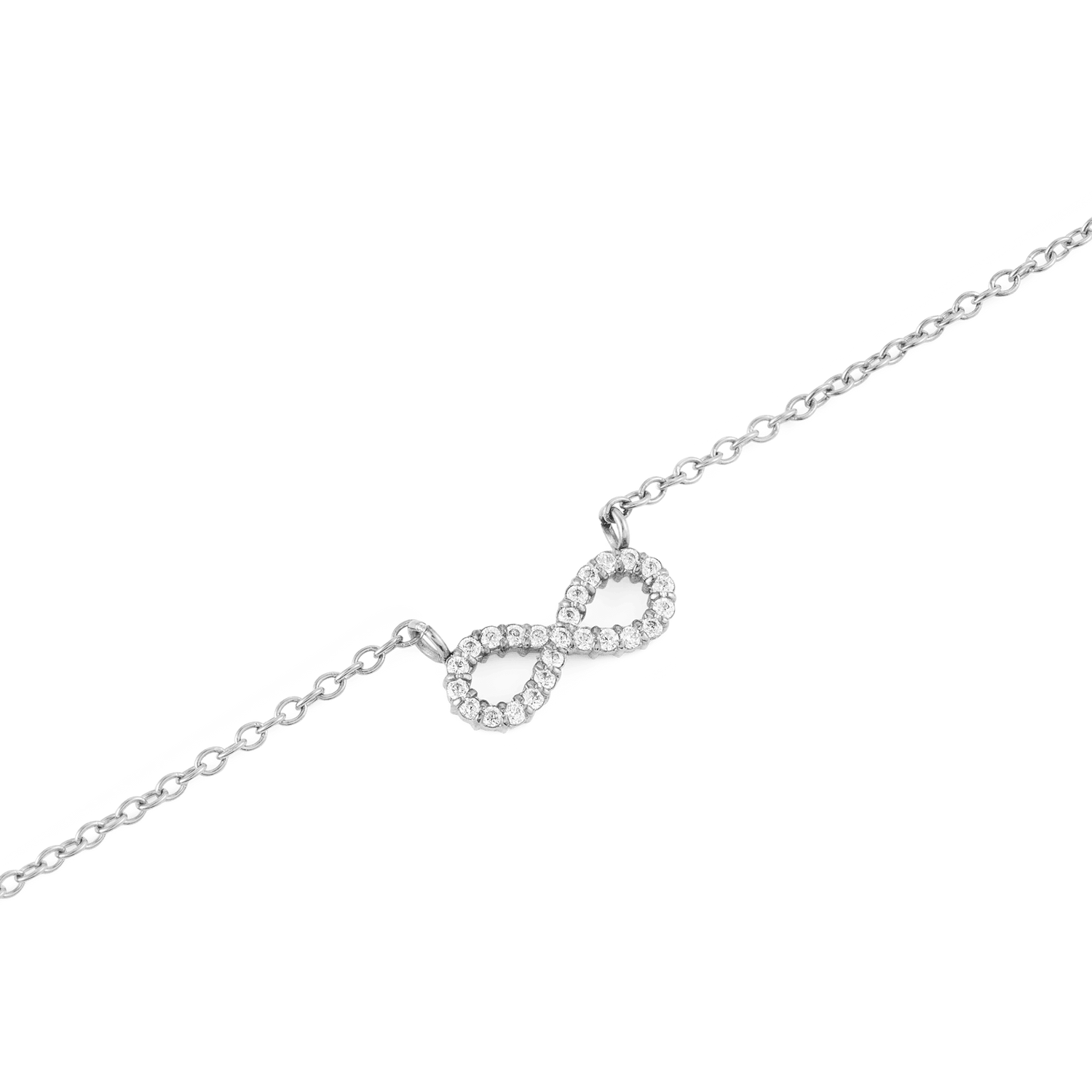 Close-up of the Mirelle Infinity Necklace Silver, featuring a delicate infinity pendant set with white cubic zirconia crystals on a fine silver chain.