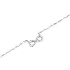 Close-up of the Mirelle Infinity Necklace Silver, featuring a delicate infinity pendant set with white cubic zirconia crystals on a fine silver chain.