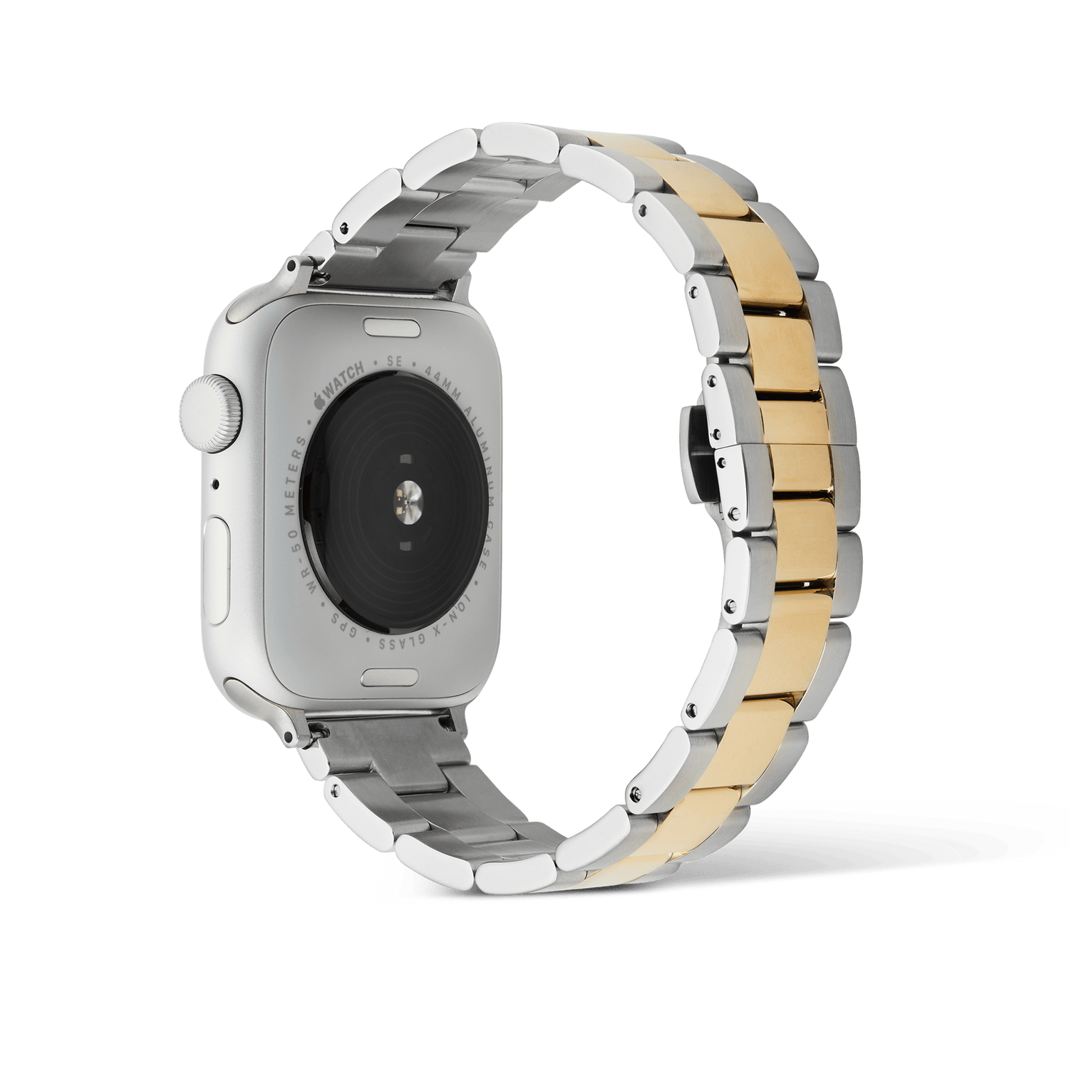 Smartwatch Iconic Link two-tone strap attached to an Apple Watch, highlighting the polished gold centre links and brushed silver outer links with a butterfly buckle, designed for durability and comfort.