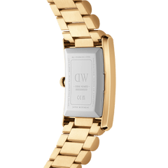 Bound 3-Link Gold watch showing the stainless steel case back, gold rectangular frame, and polished 3-link bracelet, highlighting its durable construction and Japanese movement.
