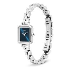 Quadro Mini Arch 3-link Arctic Sunray Silver watch with a rectangular stainless steel case, polished silver three-link bracelet, and a striking blue dial, shown with its butterfly clasp open.