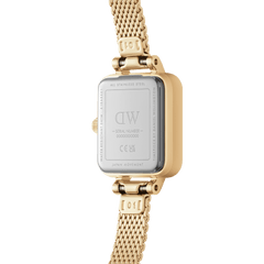 The back view of the Quadro Mini Lumine Bezel Gold watch displays its stainless steel case, gold mesh strap, and engraved details, highlighting its Japanese movement and water resistance.