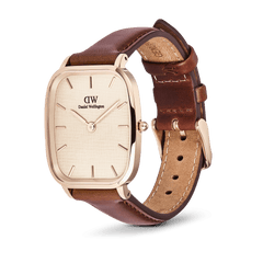 Marlon St Mawes Linen Rose Gold men’s watch with a rectangular rose gold case, linen-textured dial, and adjustable brown leather strap, shown at an angle to highlight its slim profile and classic detailing.