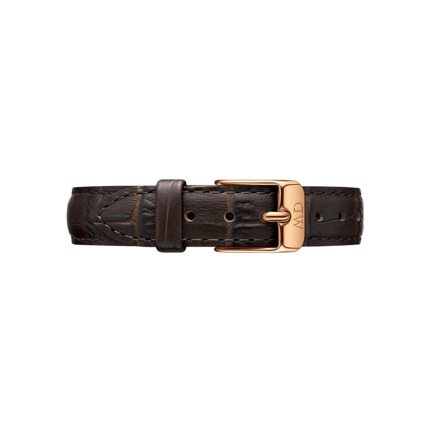 Brown croc embossed genuine leather watch strap with a rose gold buckle, featuring adjustable holes and detailed stitching for a classic, refined look.